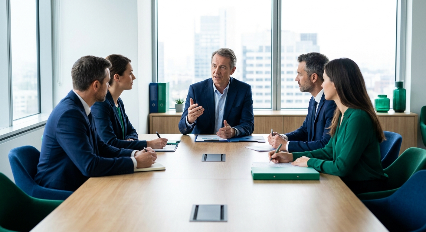 Réunion de comité de direction dans une salle vitrée d'une PME industrielle, avec cinq dirigeants autour d'une table discutant de tableaux de bord stratégiques et de documents de pilotage opérationnel.